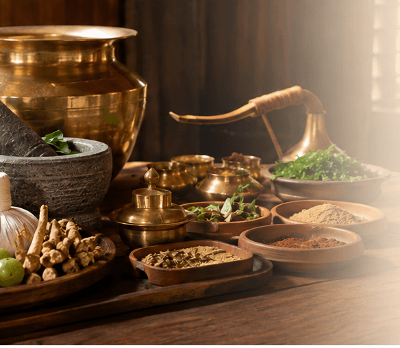 Ayurvedic herbs, brass vessels and frangipani