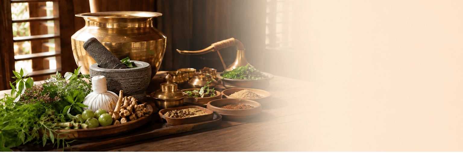 Ayurvedic herbs, spices and traditional vessels